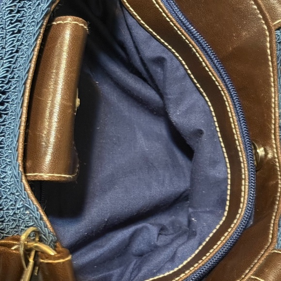 Blue and Brown Textured Shoulder Bag with Leather Accents - Picture 8 of 11